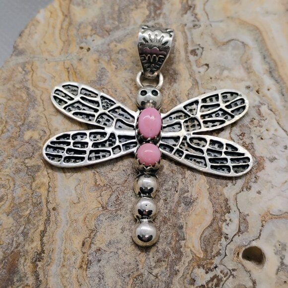 Southwest Sterling Silver Pink Conch Shell Dragonfly Pendant 2" Long - Picture 1 of 7